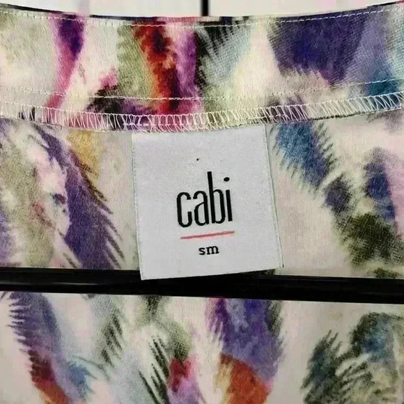 CAbi Plume Feather Print Cap Sleeve V-Neck Sheer Blouse Colorful Abstract Top - Picture 5 of 10